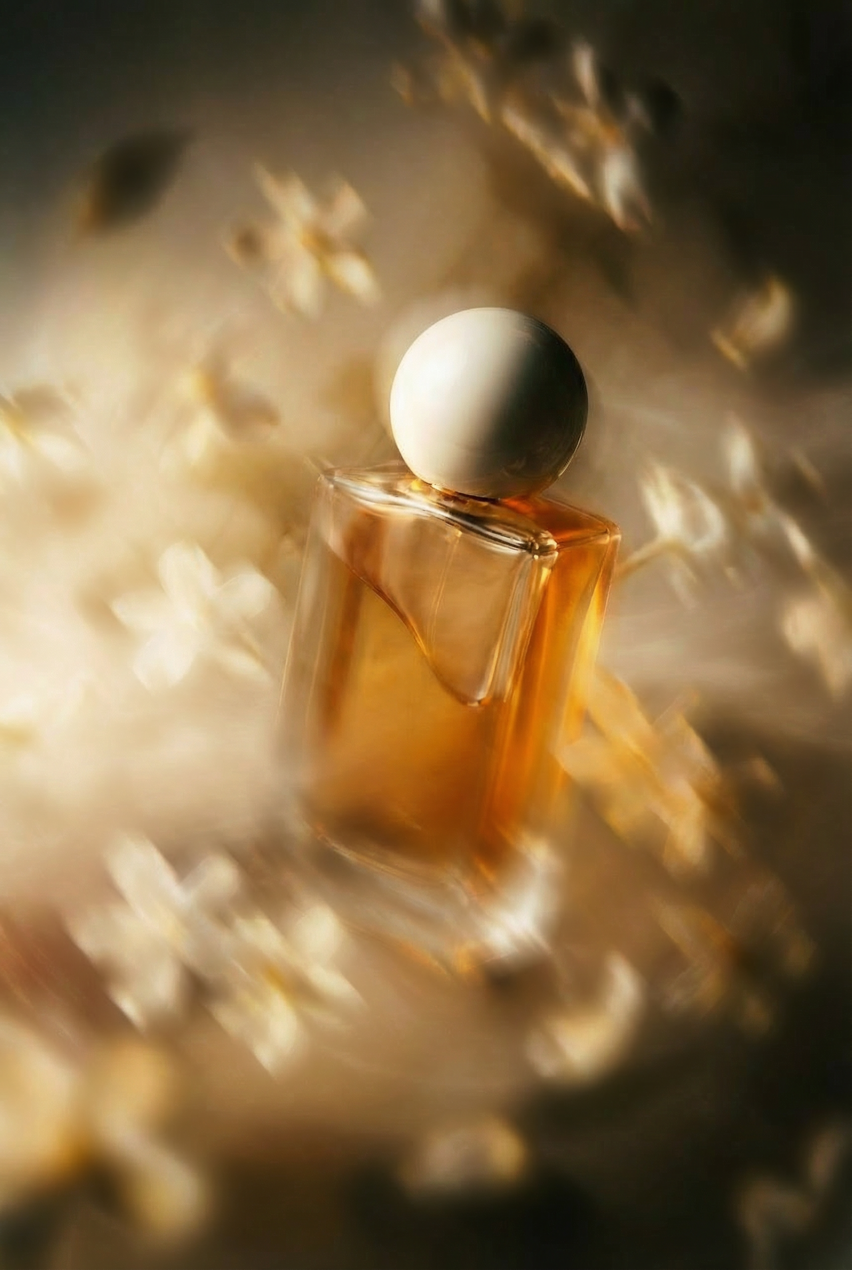 Amber perfume bottle in glowing light